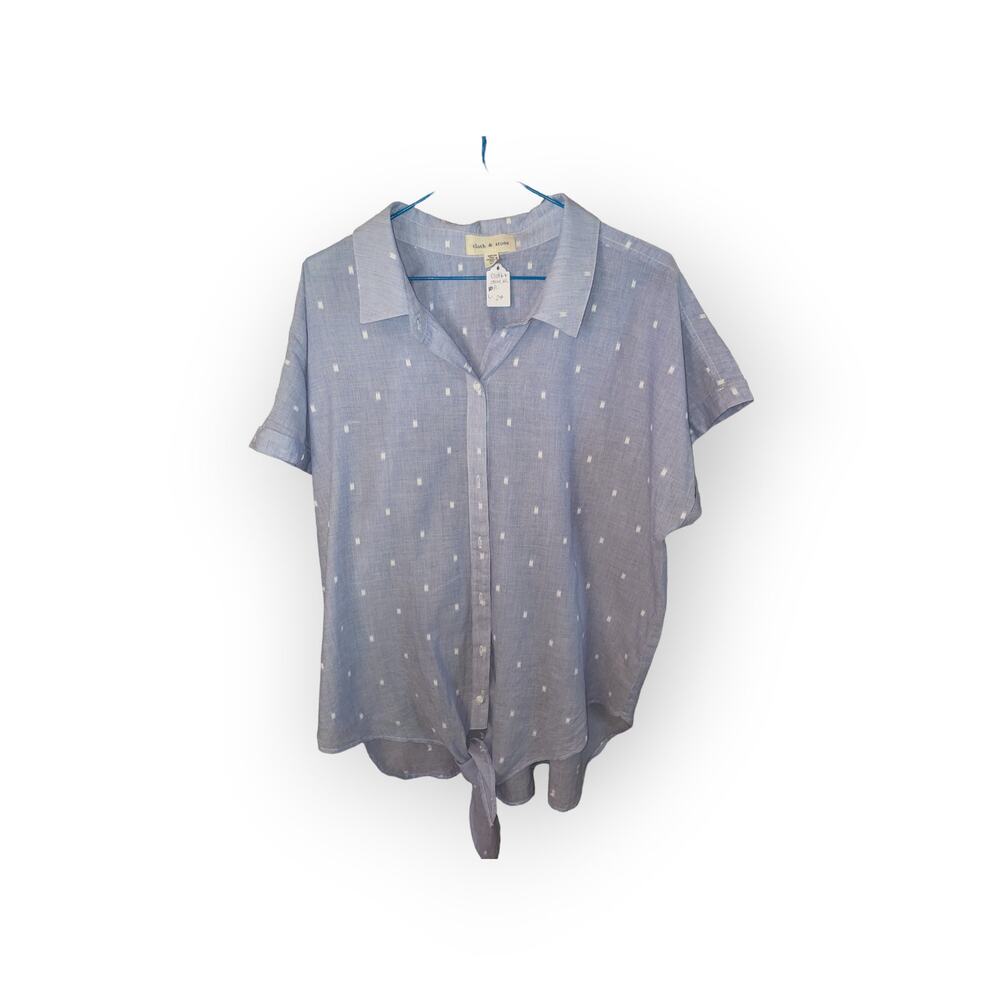 Anthropologie Cloth & Stone Blue Polka Dot Button Down Tie Front Top Sz XL
